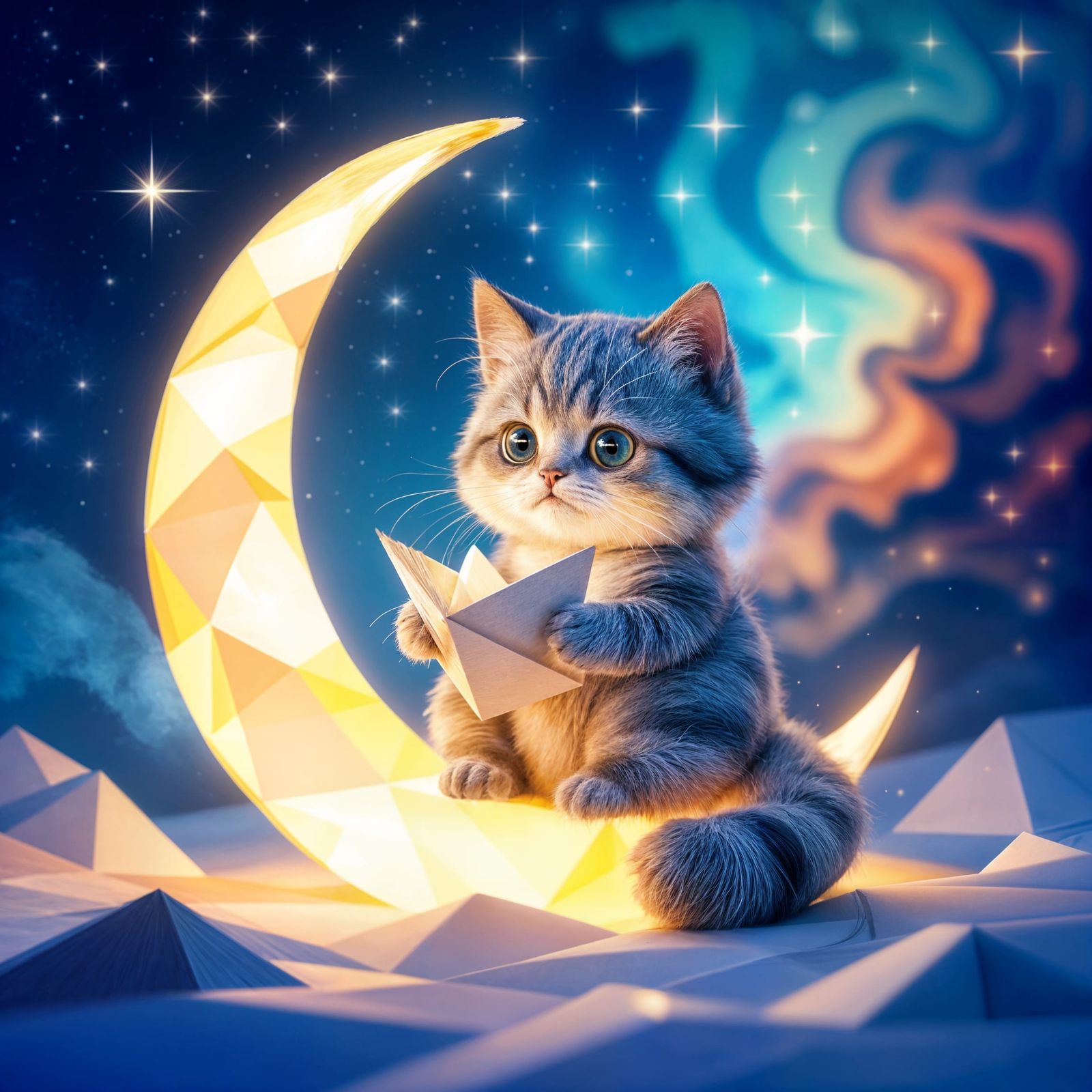 Cat Folds Origami Spaceship on Moon in Galaxy