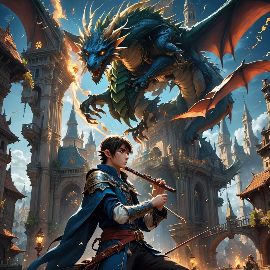 Elf's Flute Hypnotizes Dragon in Digital Painting