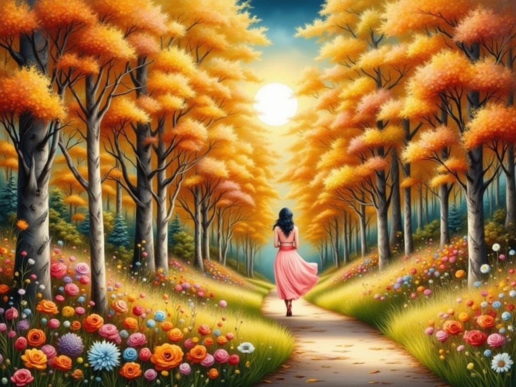 Moonlit Forest Path with Pale Woman in Roses