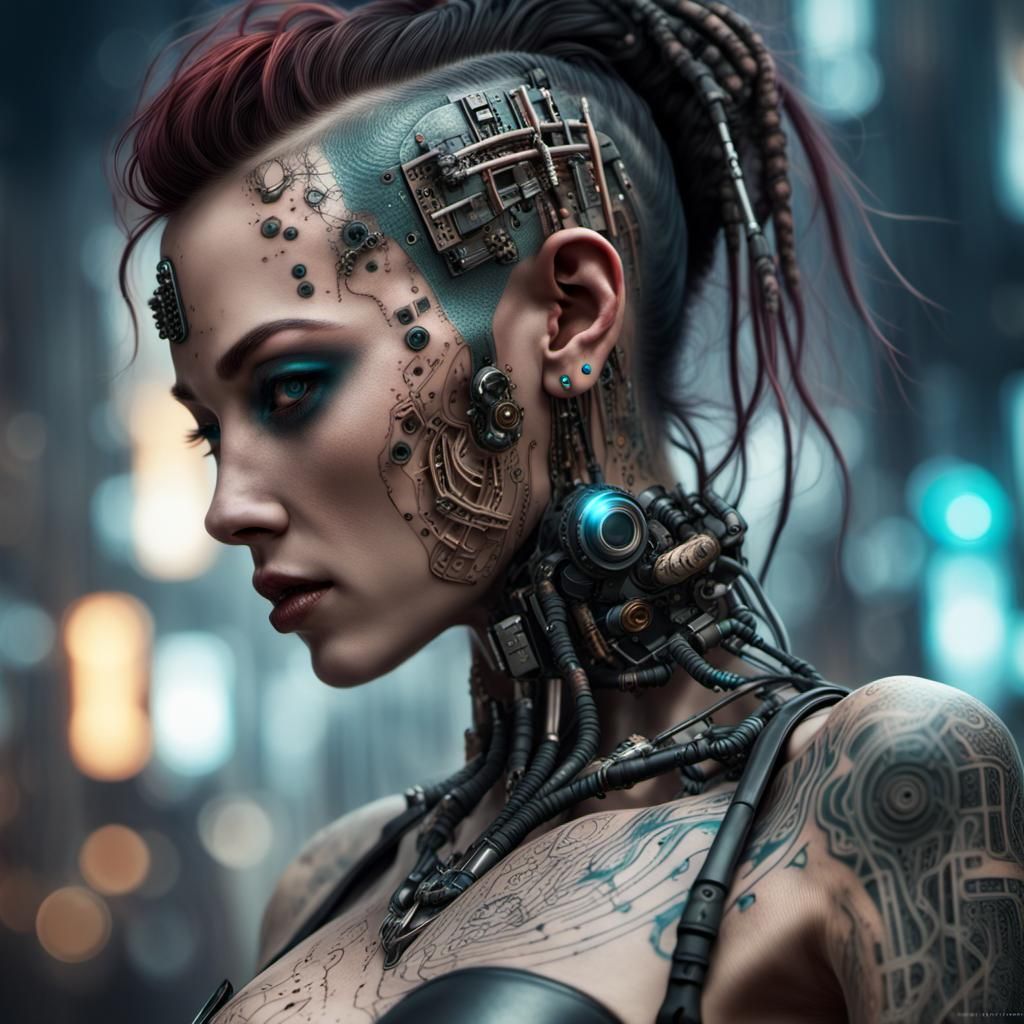 Cyberpunk Woman with Bionic Implants and Circuitry
