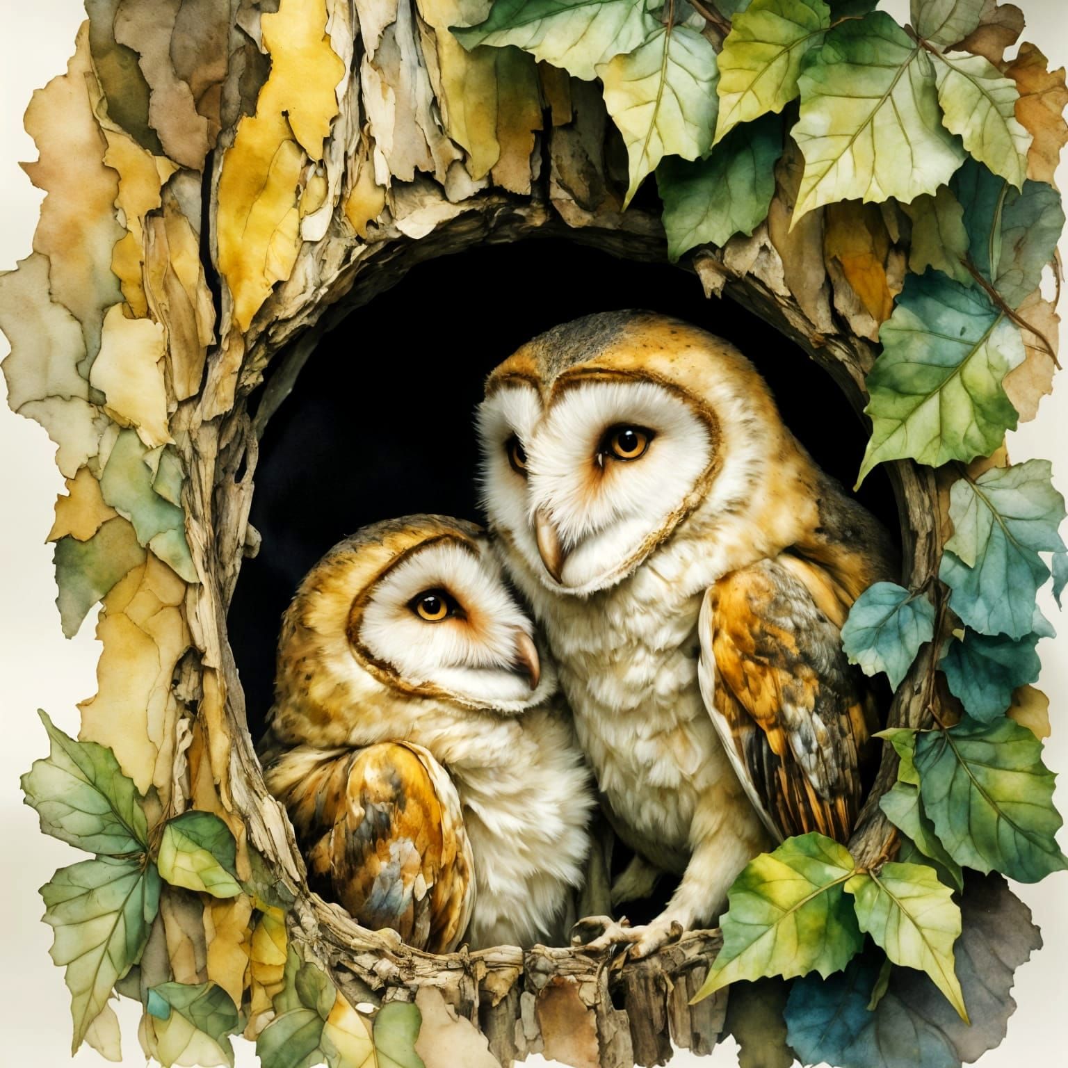 Barn Owl Family in Watercolor and Ink