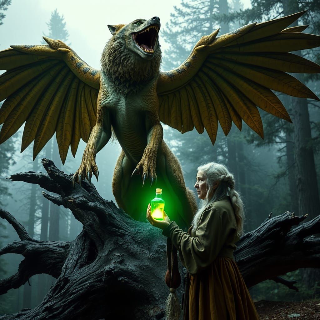 Golden Scaled Wolf Meets Unyielding Scholar in Dark Fantasy