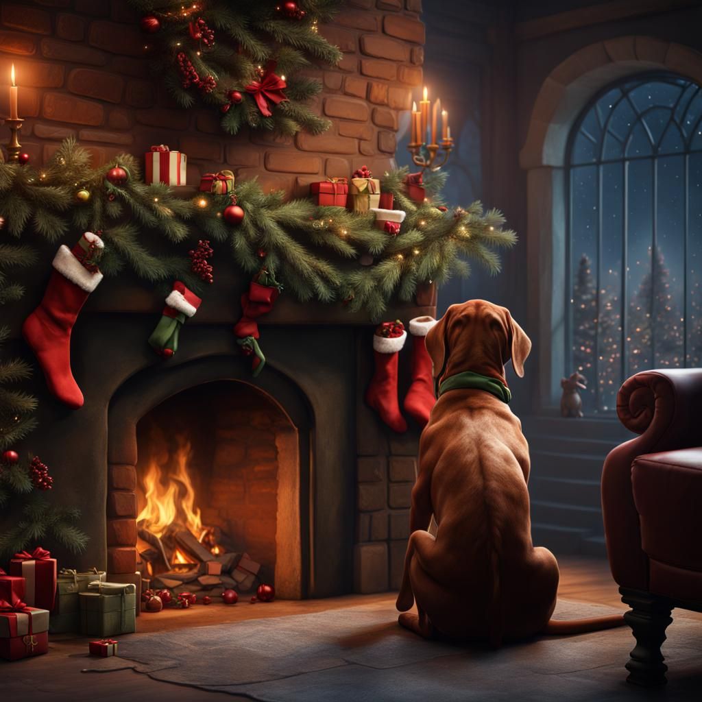 Vizsla Dog Waiting for Santa in Matte Painting Style