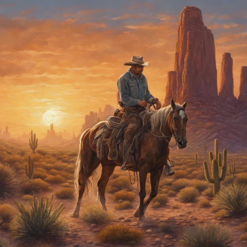 Cowboy on Horseback in Desert Sunset
