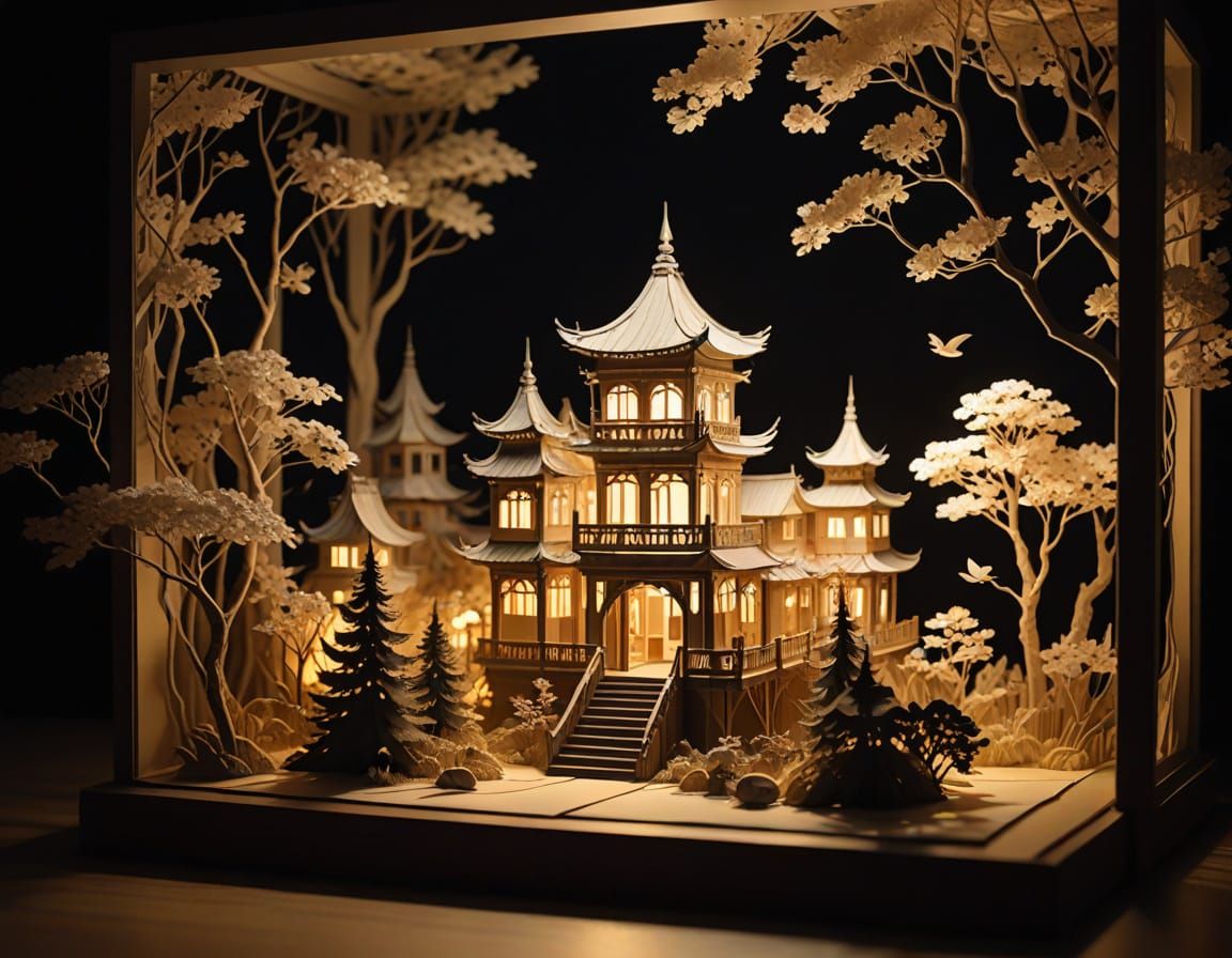 Intricate Paper City Diorama in Teapot with Warm Glow