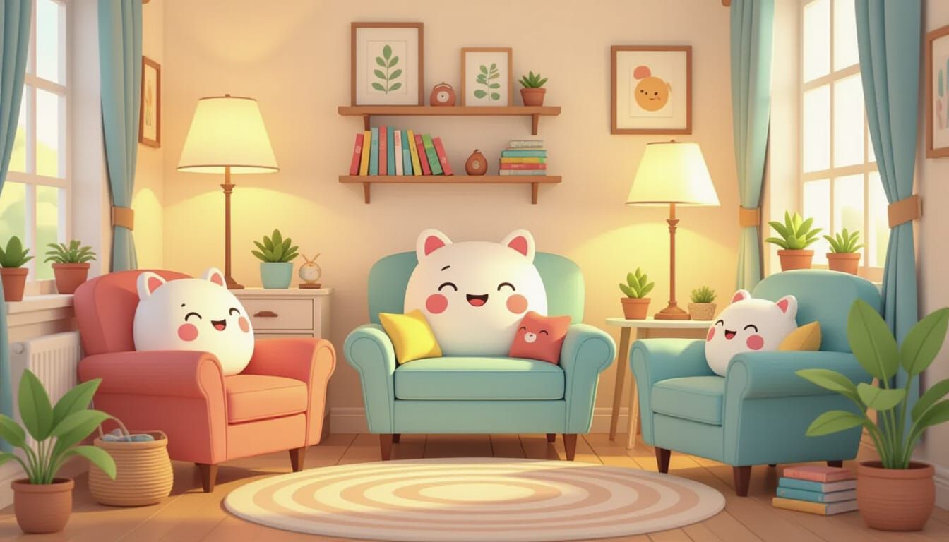 Whimsical Interior with Smiling Objects in Storybook Style