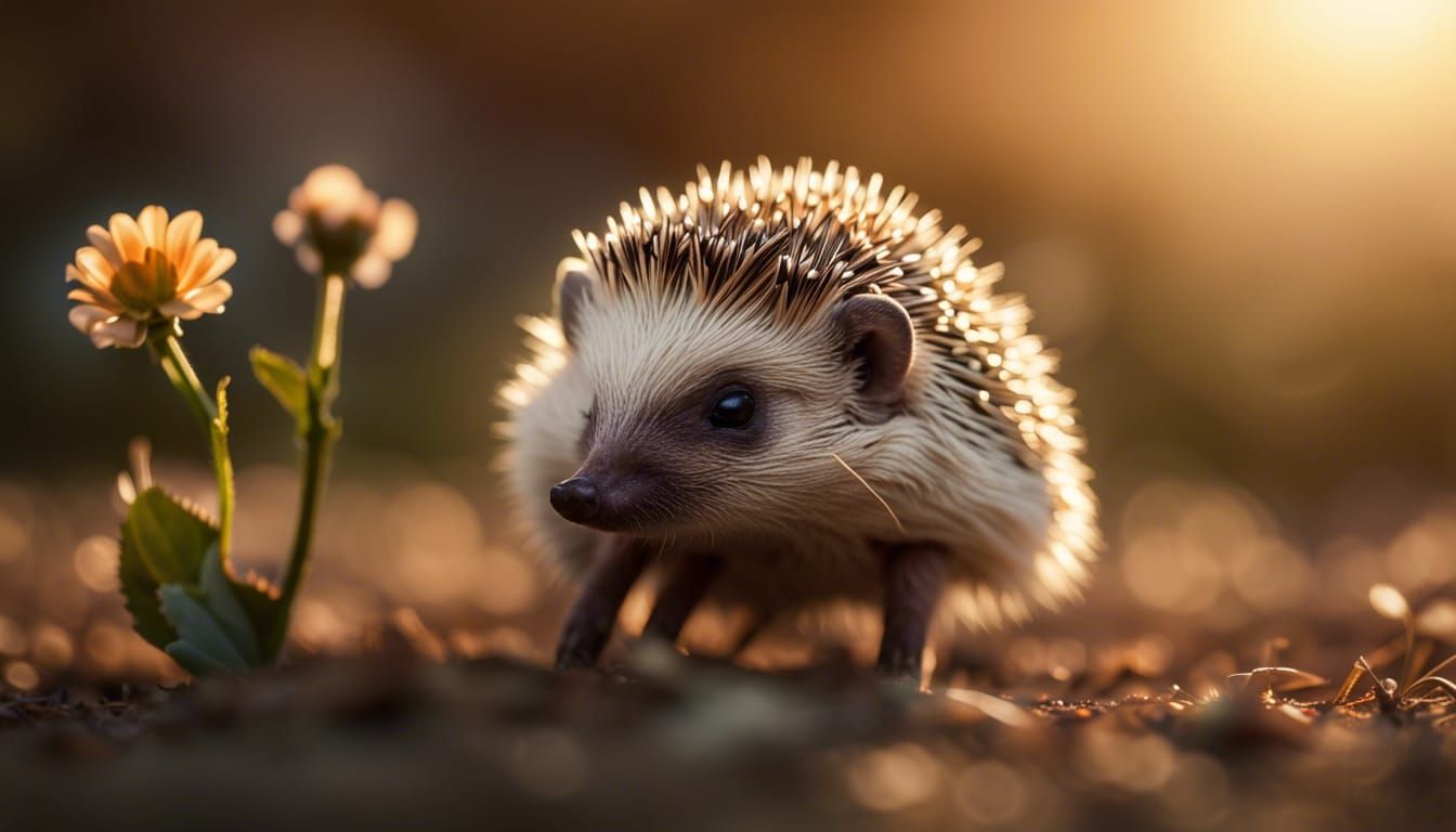 Baby Hedgehog Smelling Flower in Morning Light