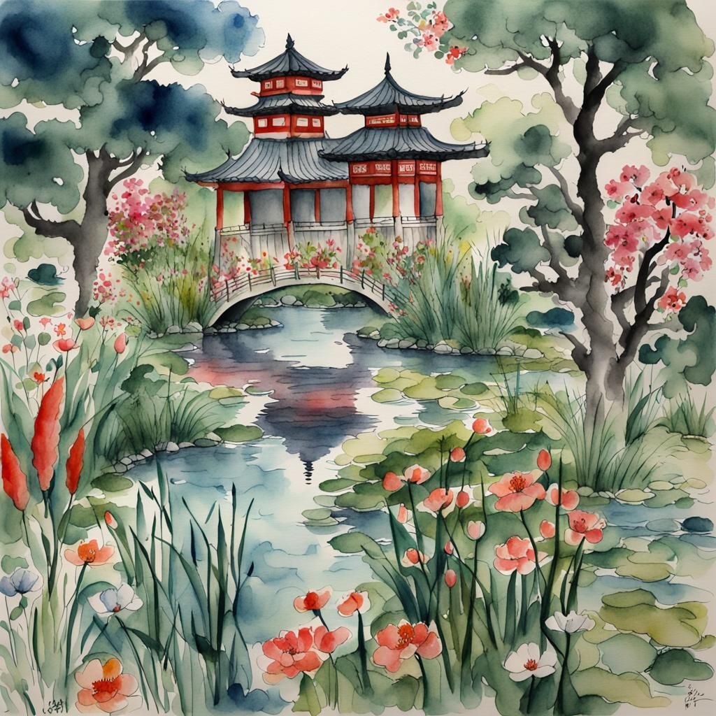 Watercolor Garden Pond in Oriental Folk Art