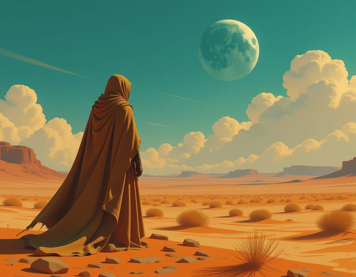 Arid Landscape Figure in Cloak, Art Nouveau Style