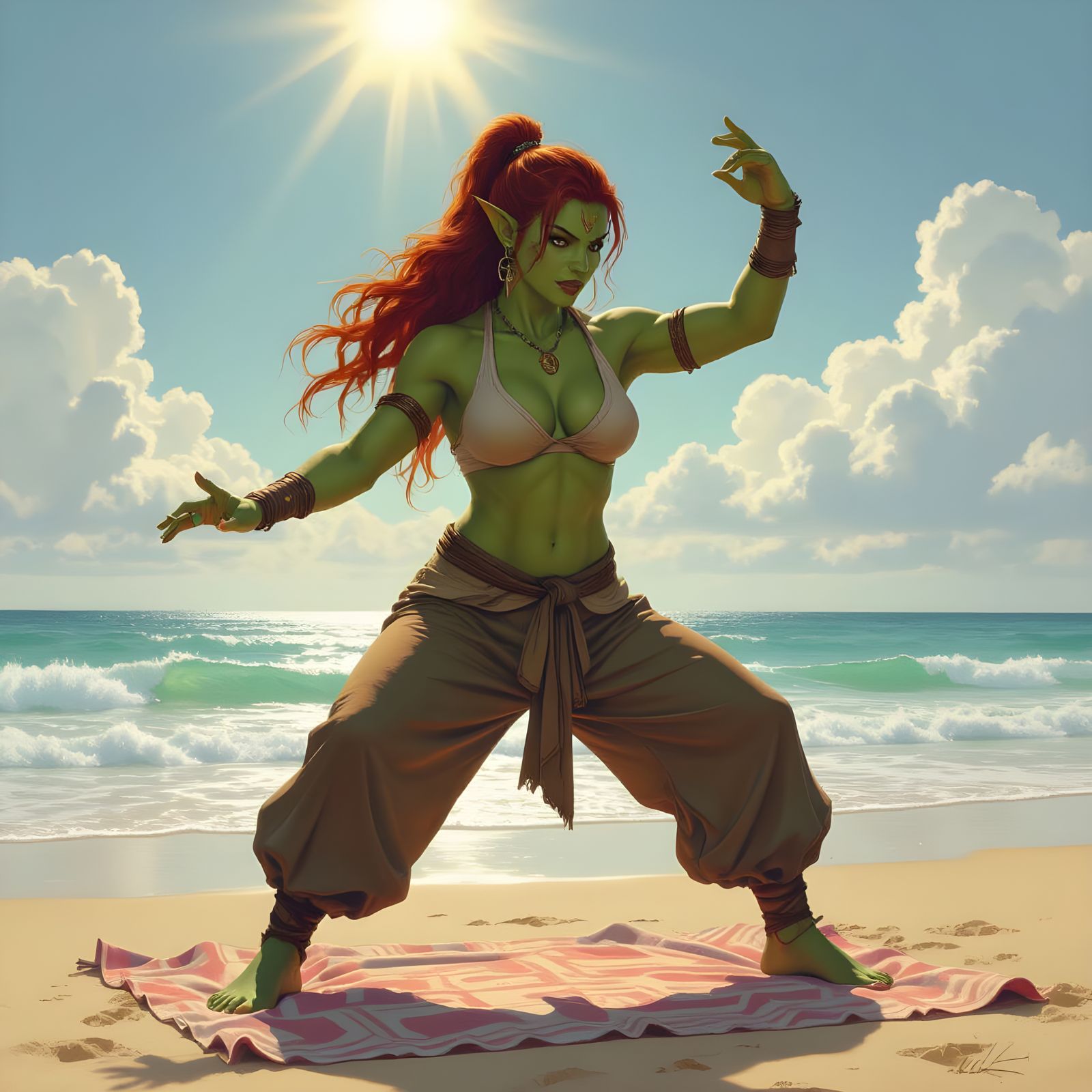 Female Half-Orc Tai-Chi Beach Workout