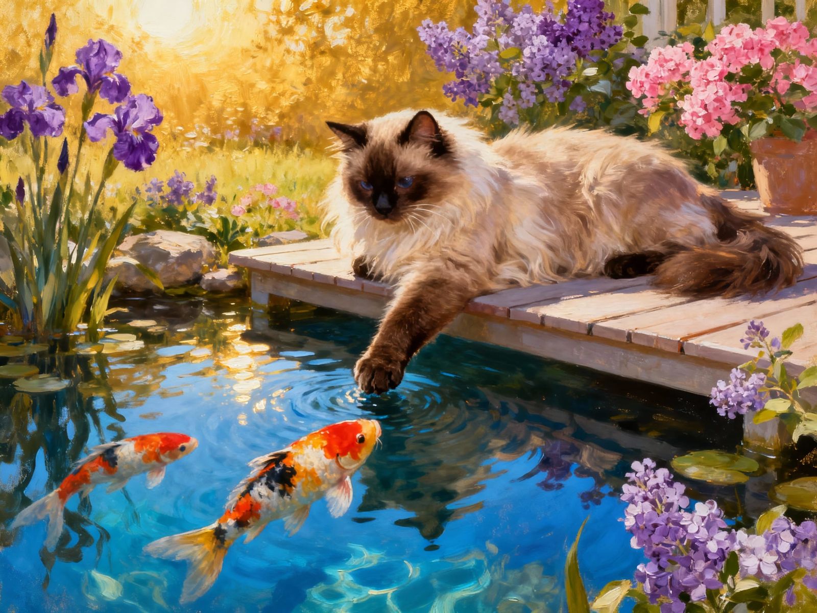 Siamese Cat by Pond in Fine Art Oil Painting Style