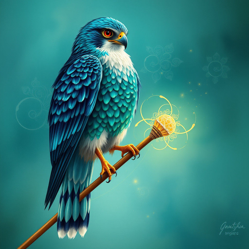 Iridescent Falcon Perched on Reed Staff in Fantasy Landscape