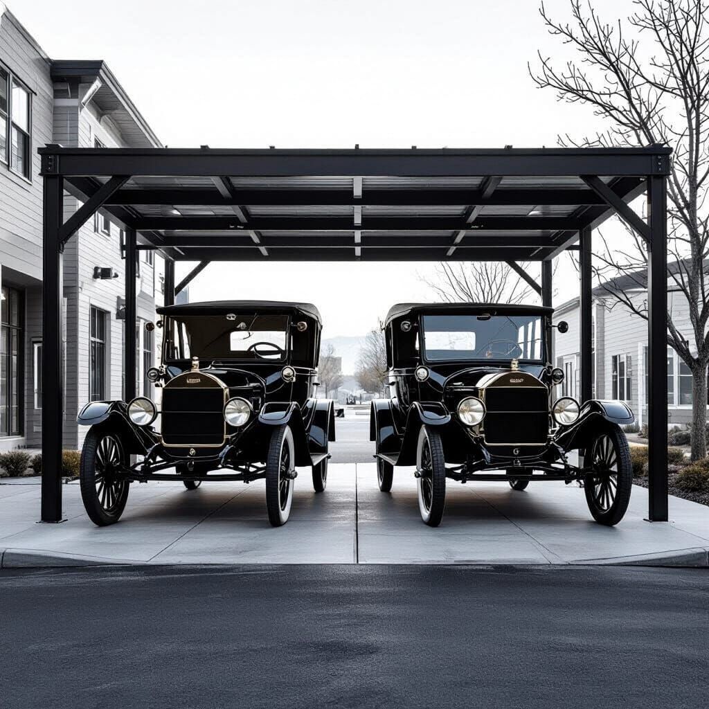 Two Electric Model T Fords in Steel Carport, Ansel Adams Sty...