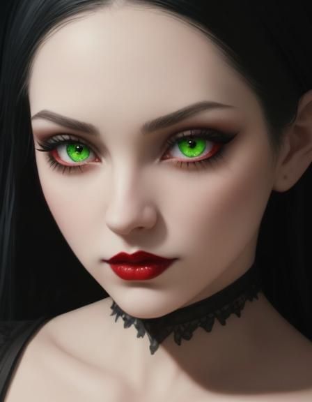 Beautiful gothic doll with long black hair and green eyes with red eyeshadow with black eyeliner and dark red lipstick& ...