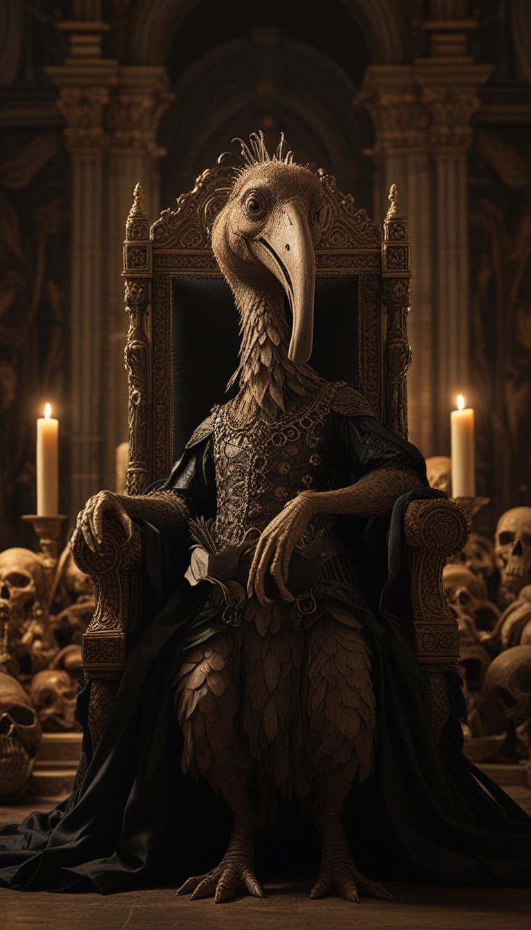 Dodo on Skull Throne in Renaissance, Surrealist Oil