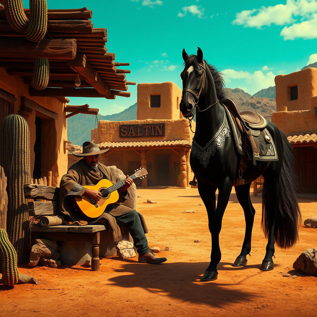 Mexican Village Scene with Bandito, Digital Art