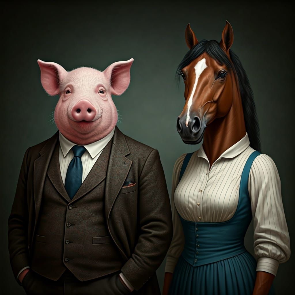 Anthropomorphic Pig and Horse in Human Clothing