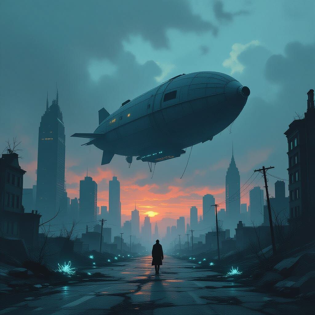 Airship Over Ruined Cityscape in Twilight Gloom