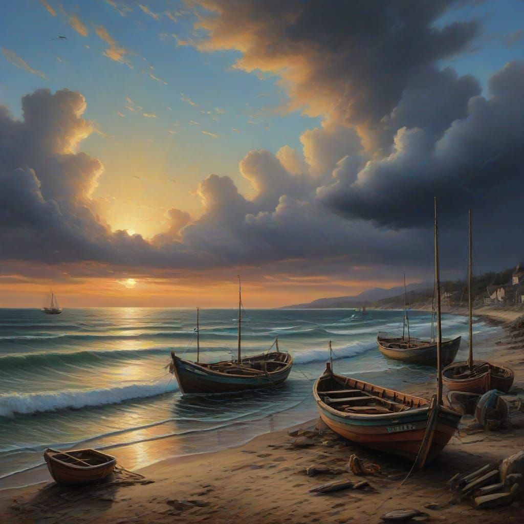 Coastal Sunrise: Fishing Boats Return to Bustling Harbor