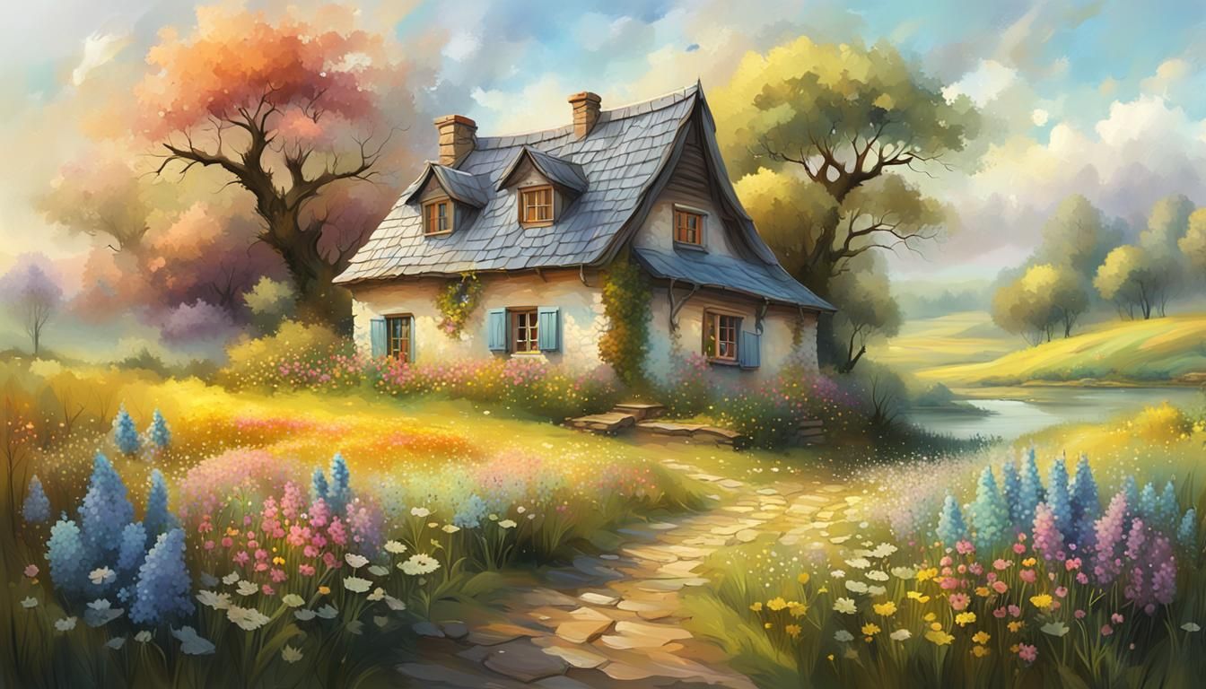 Hyperrealistic Rural Landscape with Cottage and Wildflowers
