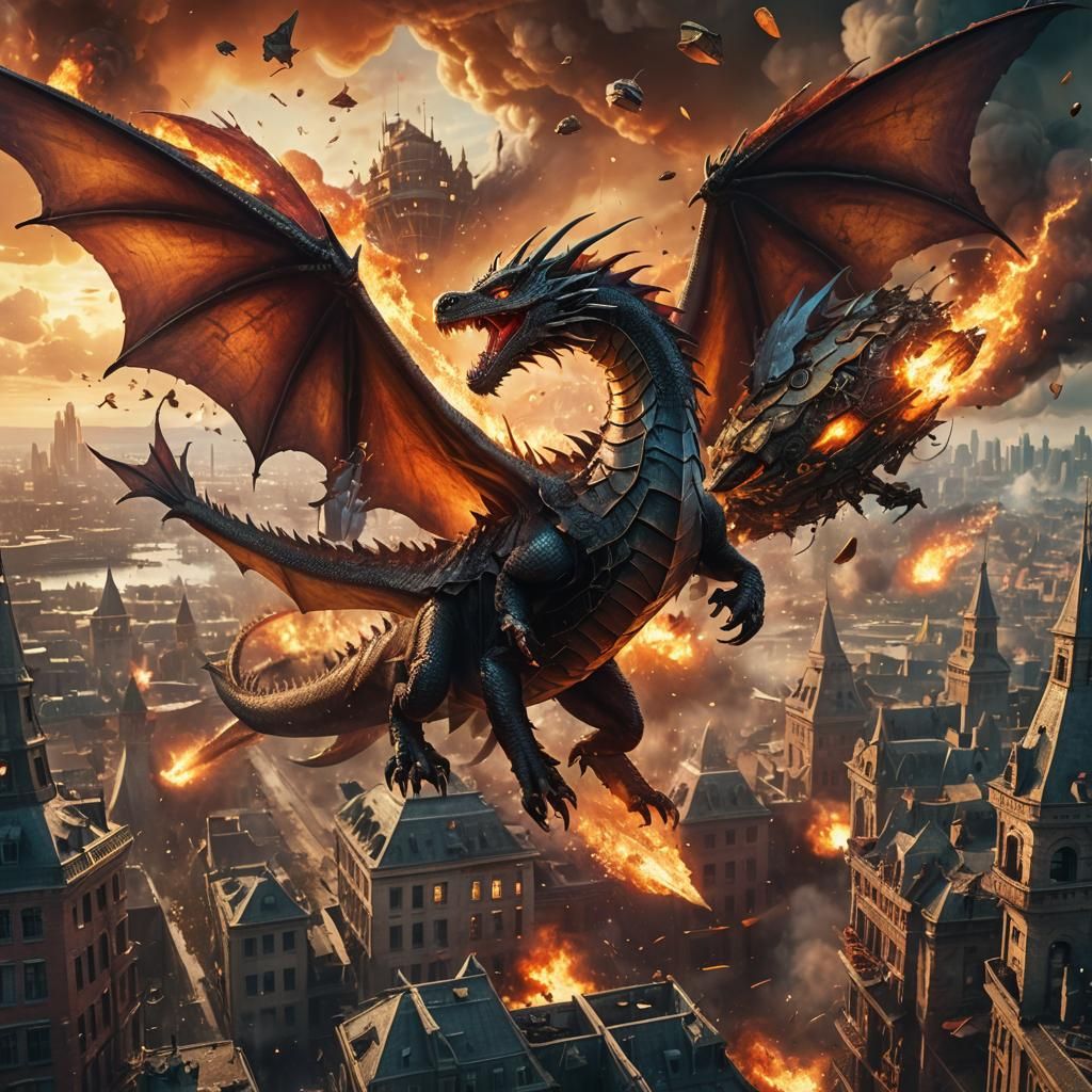 Dragon and Airship Battle in Epic Cityscape