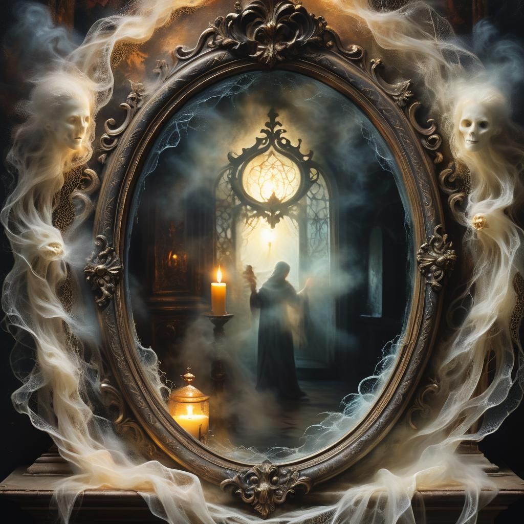 Mystical Mirror Reflecting Ghostly Figures in Baroque Style