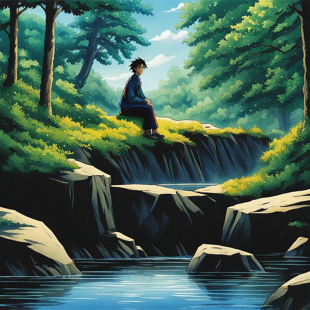 Boy and Fish by Stream in Anime Style