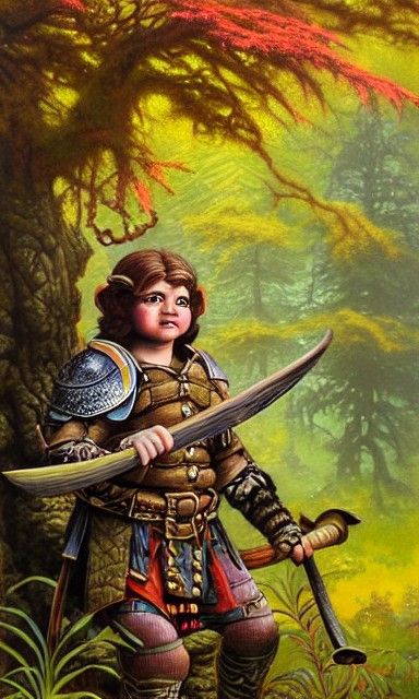 Halfling Warrior Portrait in Colorful Forest