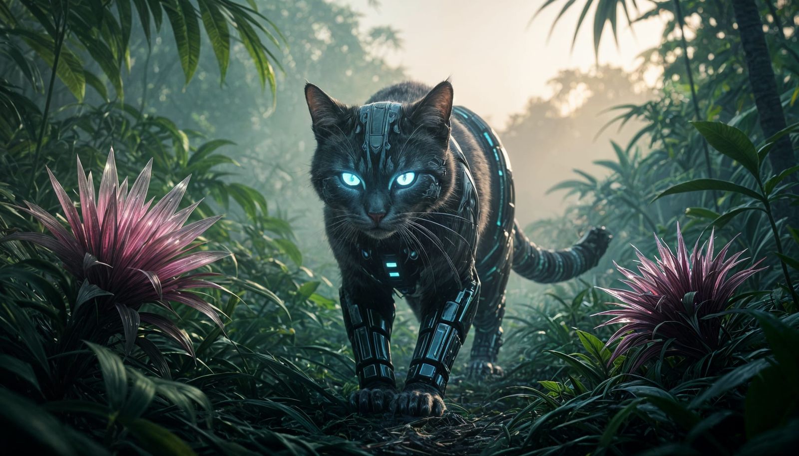 Cybernetic Feline Stalks Jungle at Dawn