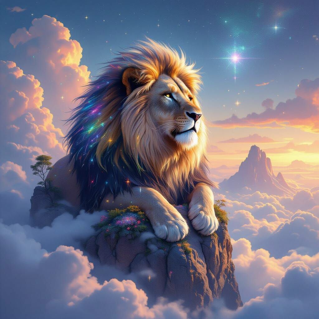 Lion with Stardust Mane in Surreal Digital Painting