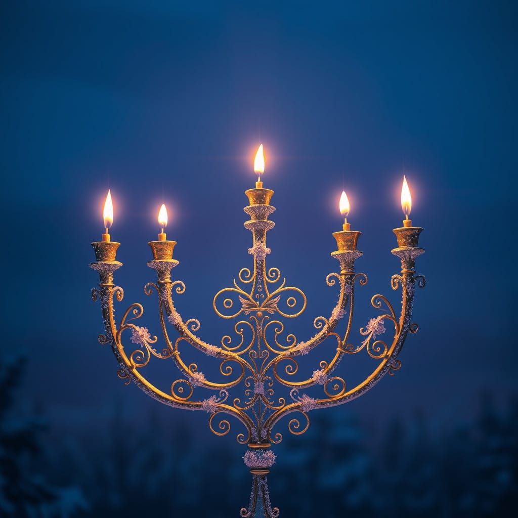 Surreal Winter Menorah in Cyberpunk Style with Soft, Warm Li...