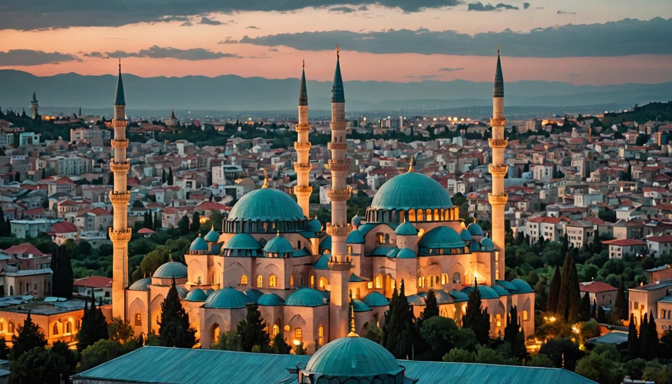 Majestic Mosque in Turkish Landscape at Golden Hour