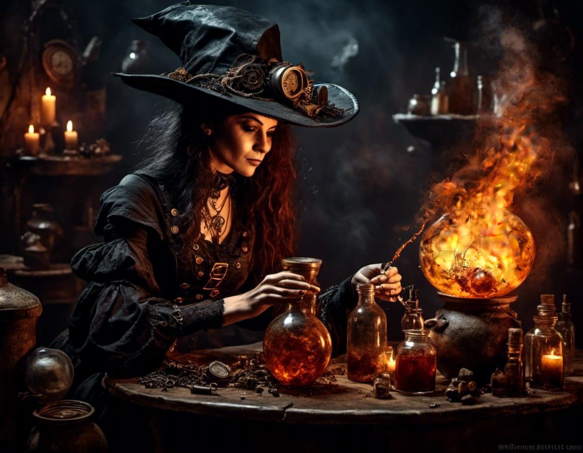 steampunk witch brewing a potion