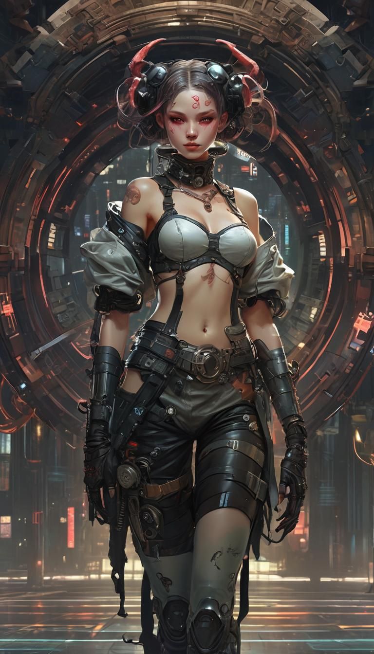 Adorable Cyberpunk Devil Smiling, Digital Art