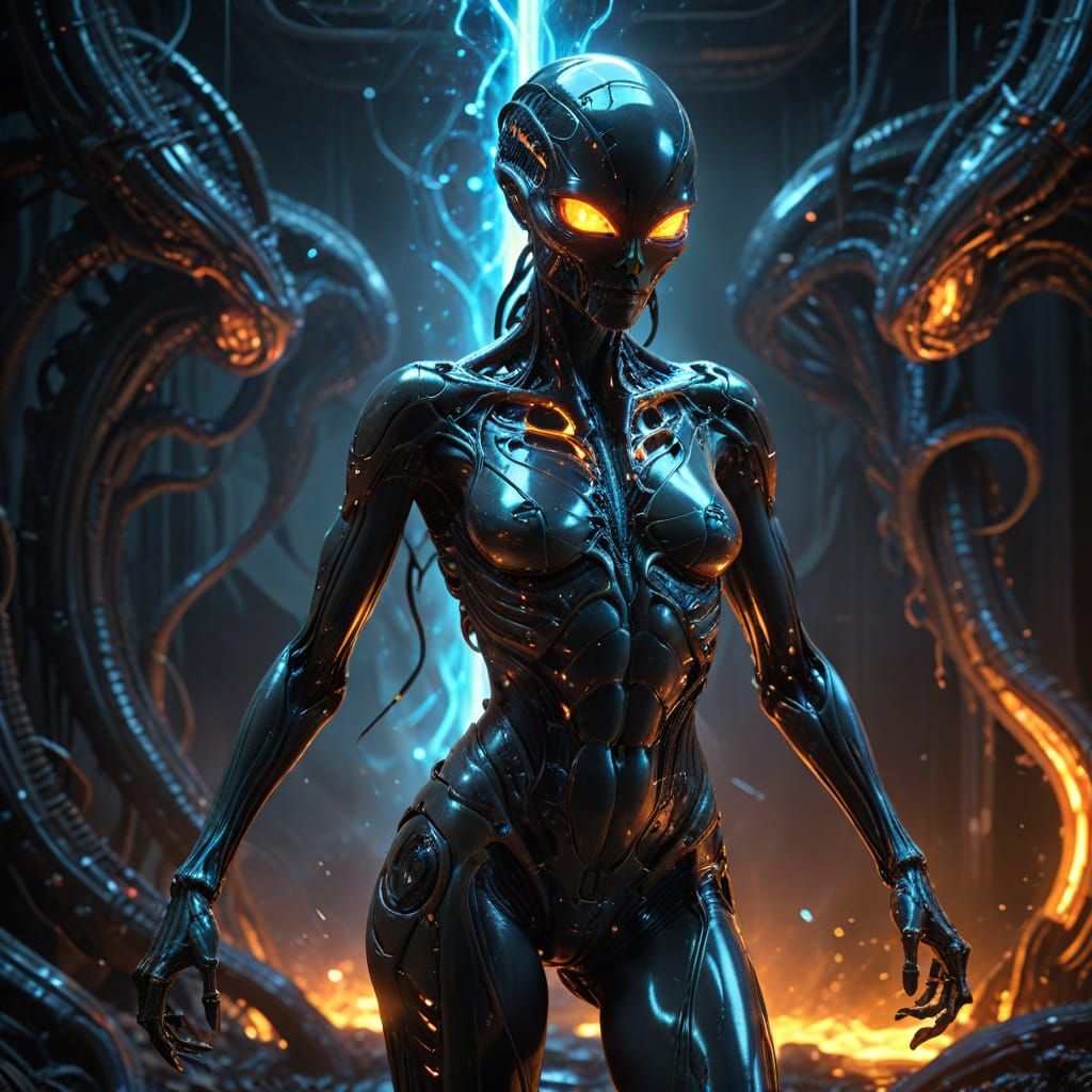 A figure with a body and corset morphing into reflective mol...