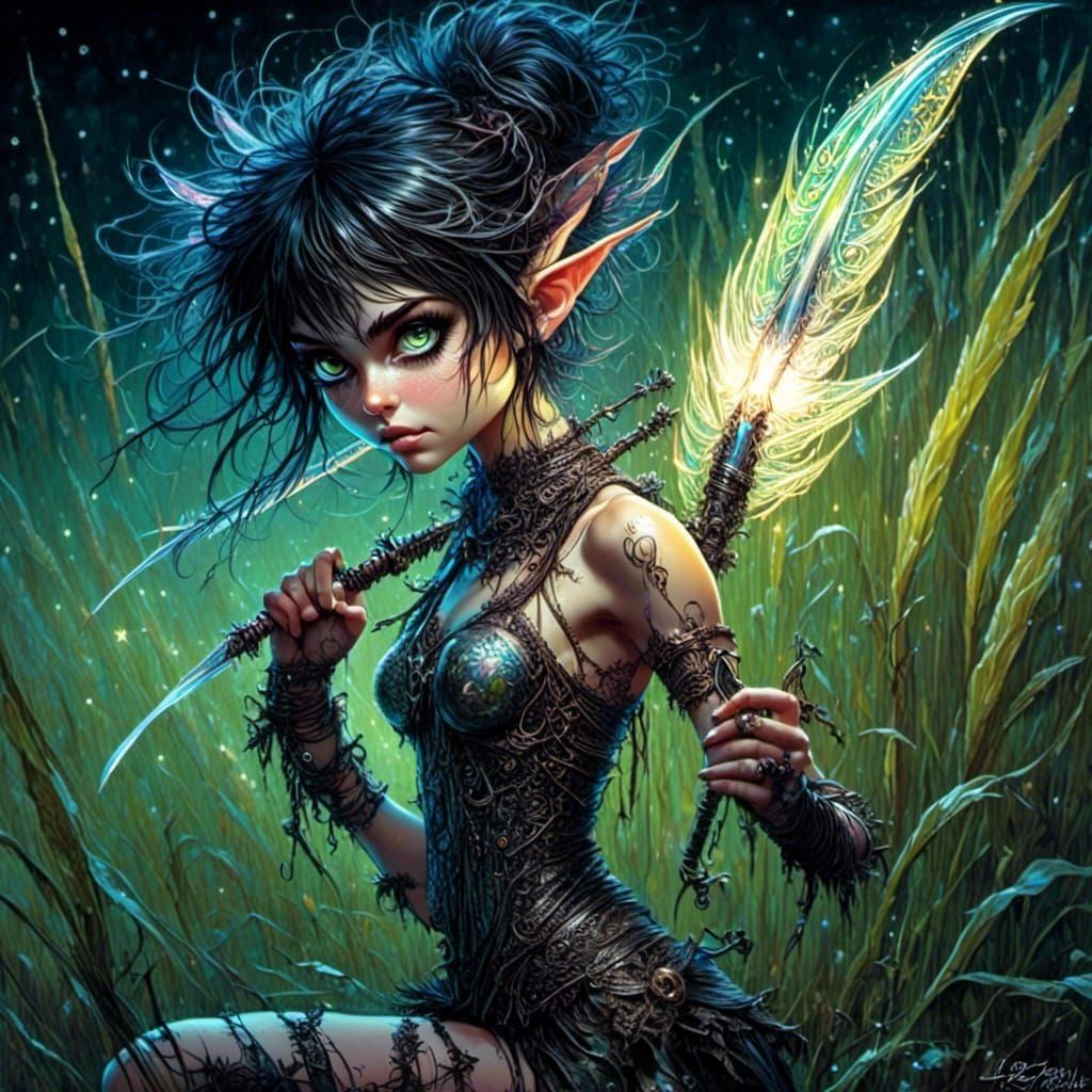 Iridescent Pixie Warrior with Glowing Daggers