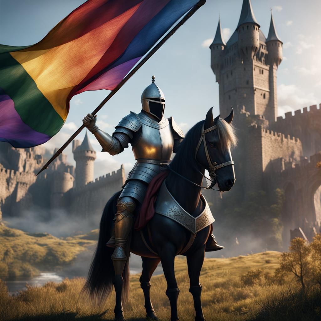 Medieval Knight Waving Pride Flag in Detailed Matte Painting