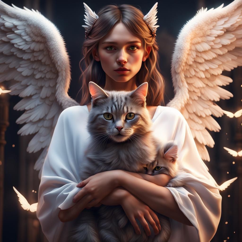 Girl with Cat Ears Holding Angel Winged Cat