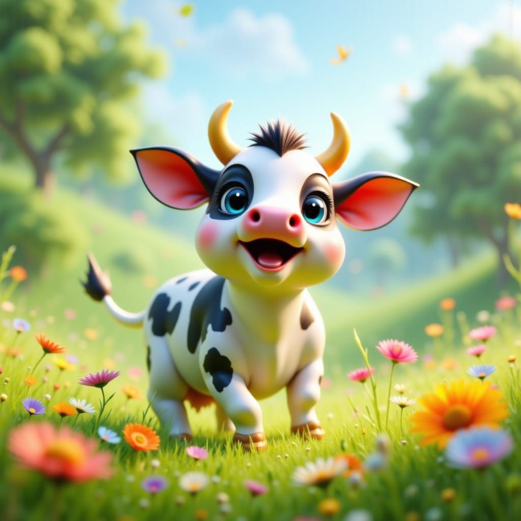 Cartoon Cow's Sunny Meadow Frolic in CGI Style