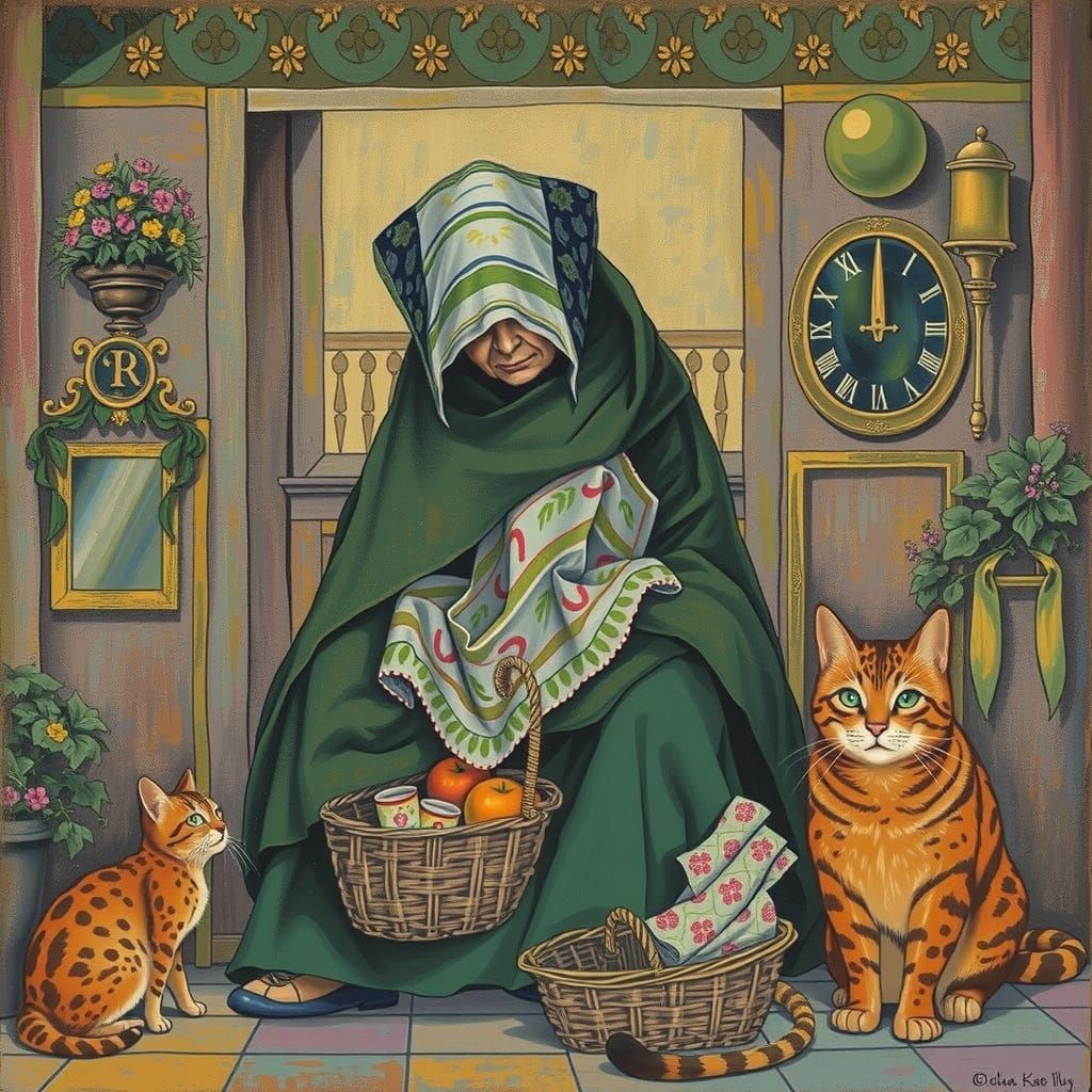 Old Woman Watched by Cat in Goth Style