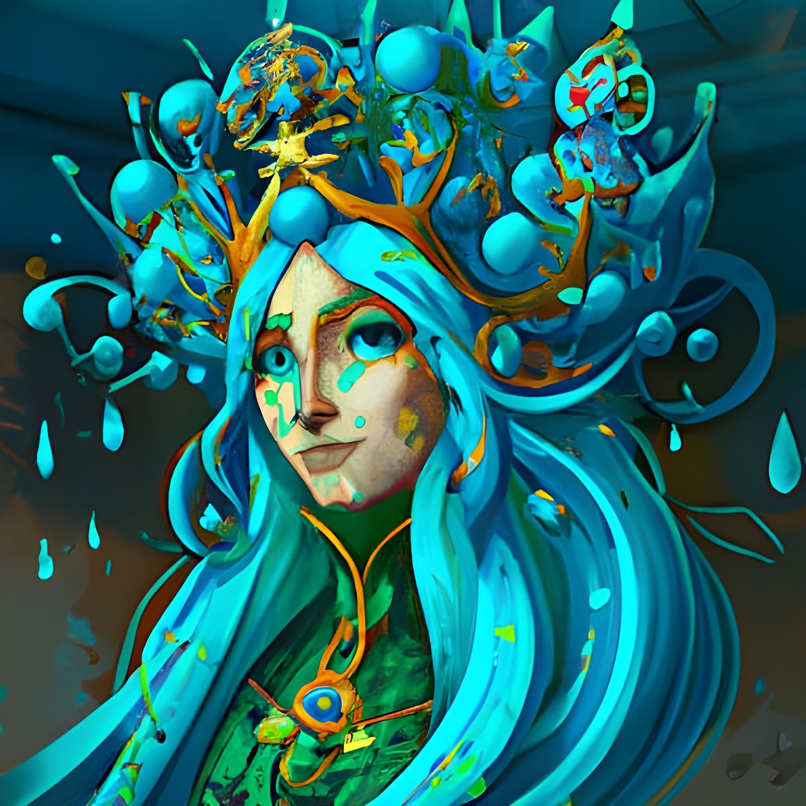Blue Cat Queen Portrait with Golden Crown