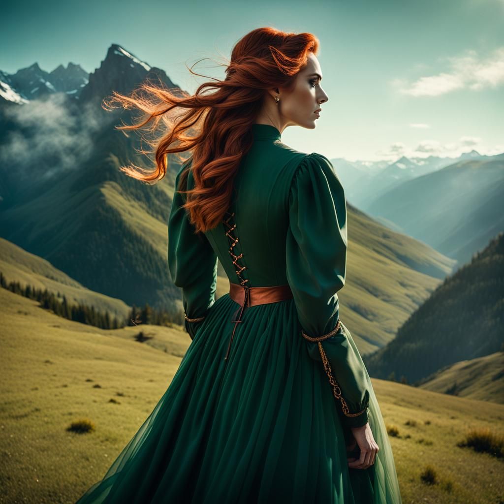 Cinematic Copper-Haired Woman in Flowing Green Dress