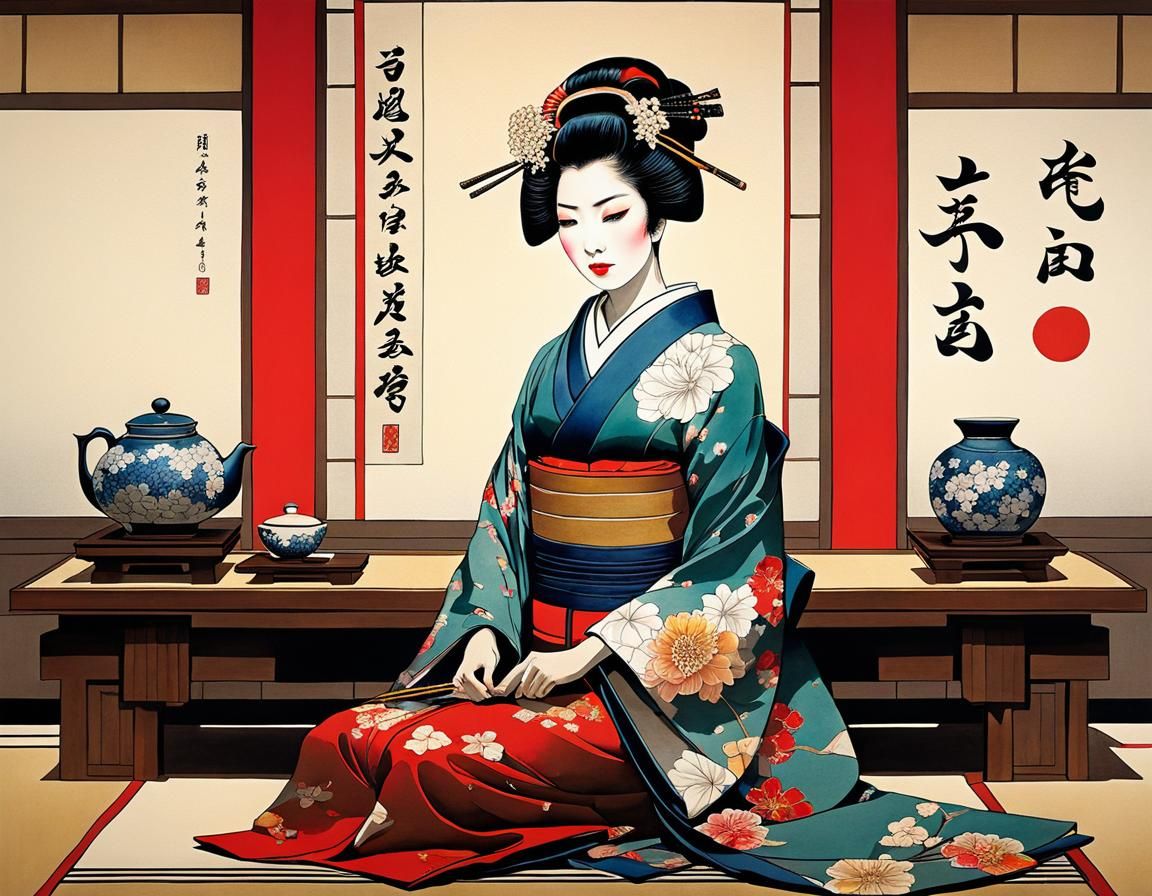 Geisha at Tea Ceremony in Alcohol Ink Style