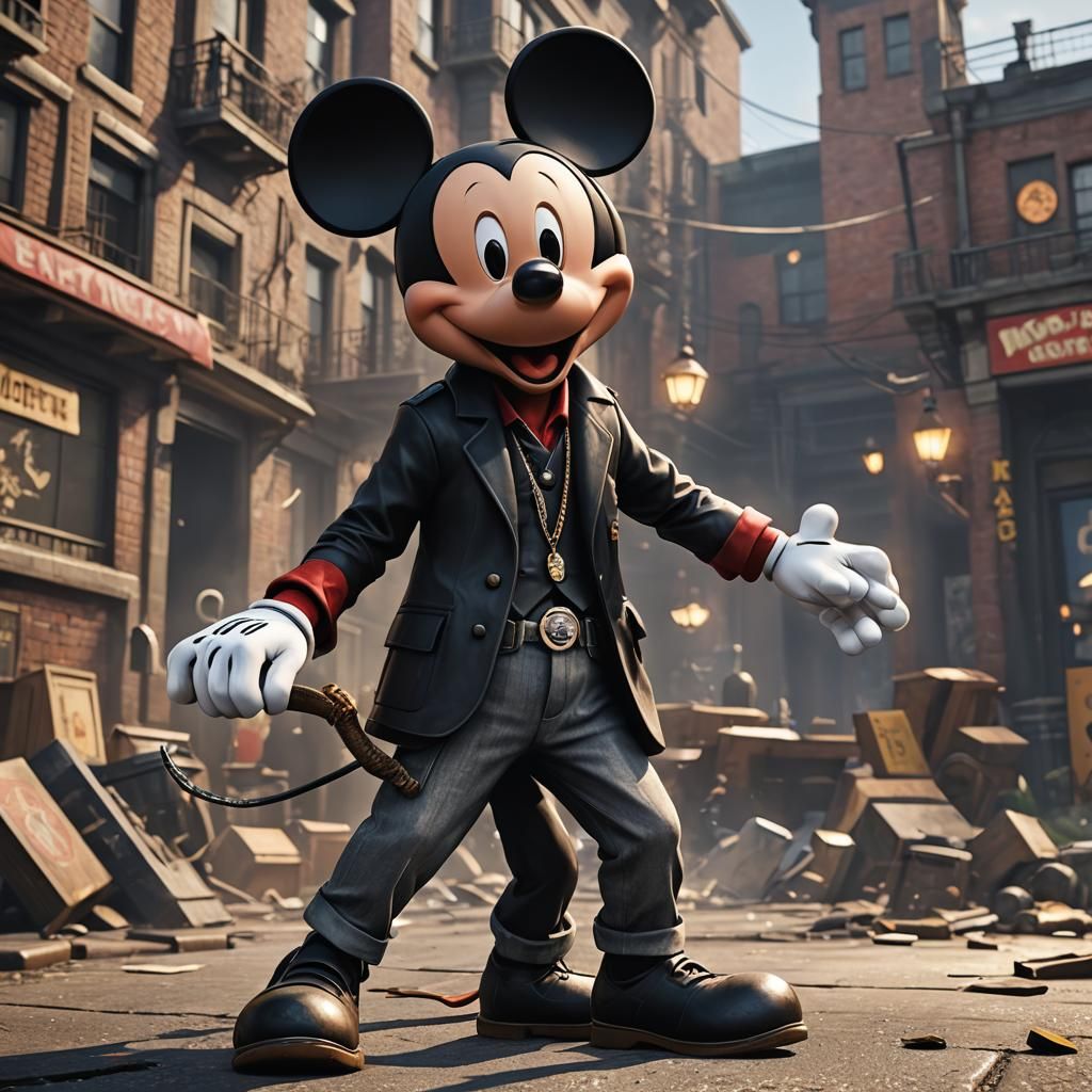 Gangster Mickey Mouse in 3D Game Cinematic Style