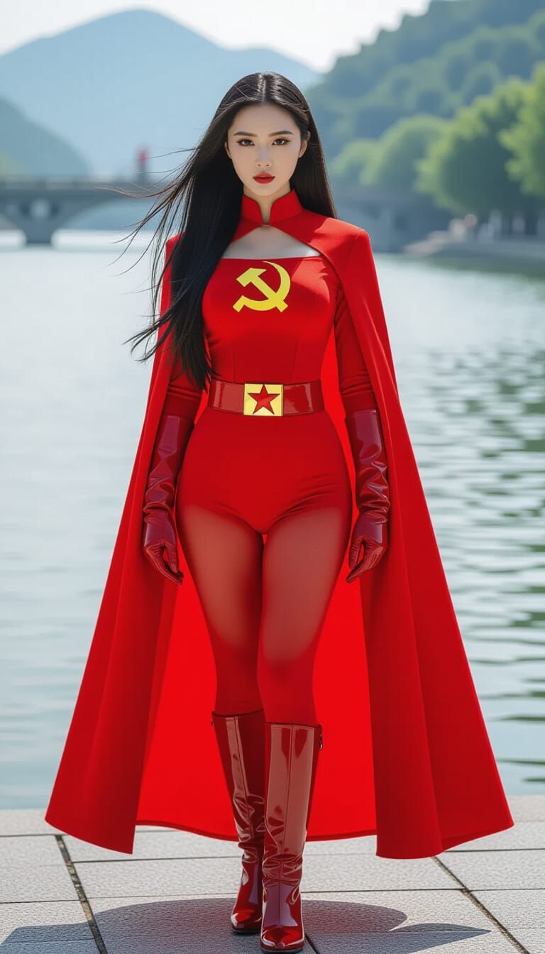 Chinese Woman in Red Uniform by River, Cinematic Style