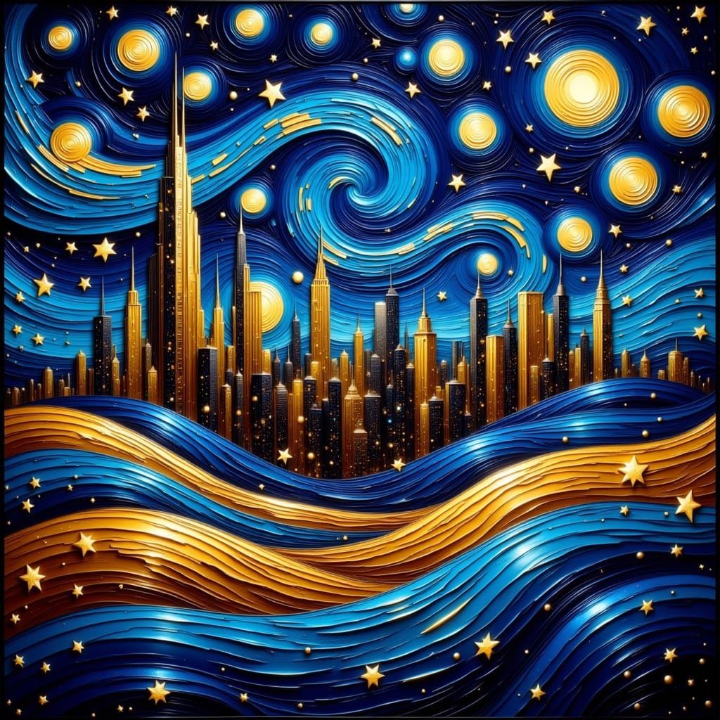 Futuristic Golden Cityscape Under Swirling Galaxy Sky