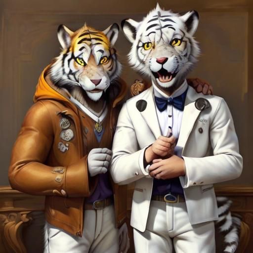 Anthropomorphic Tiger Cub Held by Wolf Character