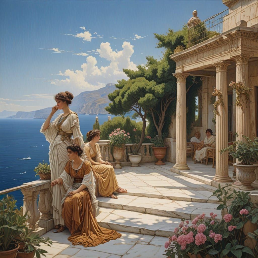 Ancient Greek Goddesses in Luxurious Coastal Setting