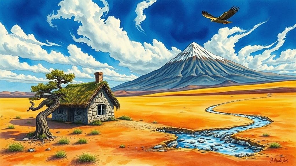 Surrealist Desert Dreamscape with Ancient Pine and Rustic Co...