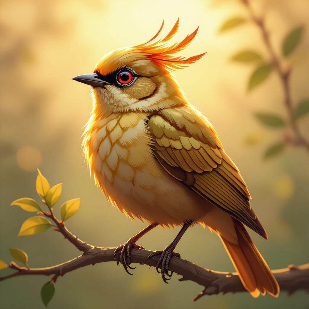 Golden Bird with Red Eyes in Fantasy Art Style